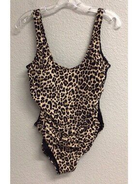 DKNY Leopard Print Plunge One Piece Swimsuit Ruched Slimming Size 12